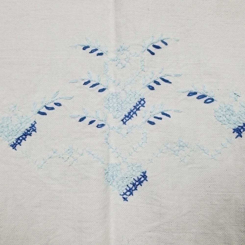 Embroidered Table Runner Dresser Scarf Heart Crochet Lace Blue White Vintage 36
